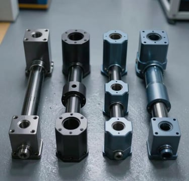 A professional editorial photograph of paired mechanical components for a modular assembly. The items are arranged in a precise grid on an industrial grey surface. The lighting is sharp and cold, highlighting the sleek textures of charcoal black and slate blue materials. Captured in a North American / US corporate studio setting.