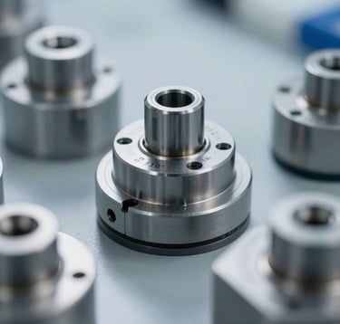 A close-up, macro photograph of high-quality industrial components and technical materials in cool grey tones. The lighting is bright and clean, emphasizing technical specs and precision in a North American / US laboratory context.