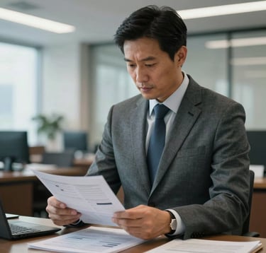 A focused professional in formal attire reviewing technical catalogs within a high-ceilinged North American / US corporate office. The background is blurred, highlighting the authority and sophisticated slate blue-grey atmosphere.