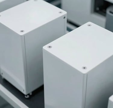 A high-angle, minimalist photography shot of technical hardware units. The composition is stark and professional, emphasizing geometric precision and industrial grade quality. The palette is dominated by stark white and industrial grey, reflecting a professional North American / US corporate aesthetic.