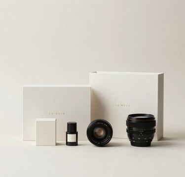 Minimalist photography of luxury corporate gift sets in a soft off-white studio environment. The composition focuses on precise alignment and high-end materials, reflecting North American / US corporate elegance.