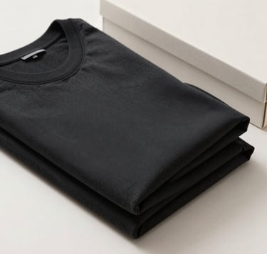 A professional photograph of a high-end charcoal black garment precisely folded alongside a soft off-white minimalist box, sharp editorial lighting, North American / US studio setting.