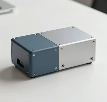 Minimalist photography of a slate blue technical device paired with its light silver industrial shell, precision layout on a clean surface, North American / US professional office context.