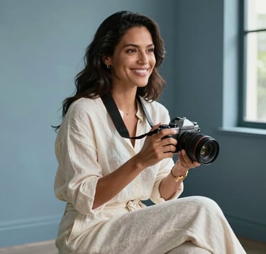 A sophisticated lifestyle portrait of a South American woman in her 30s with a warm smile, sitting in a bright, modern interior with slate blue walls. She is wearing elegant off-white linen clothes and holding a high-end travel camera. Natural side lighting from a window.