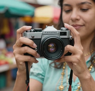 Close-up of a South American / Brazilian woman's hands holding a vintage camera, with a backdrop of a colorful local market in South America. The image features pale aqua and gold tones, reflecting a focus on capturing memories and the joy of exploring new textures and cultures.