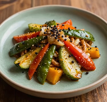 Close-up of an authentic South American gourmet dish featuring vibrant vegetables and exotic spices on a sage green ceramic plate, professional food photography with warm natural lighting.