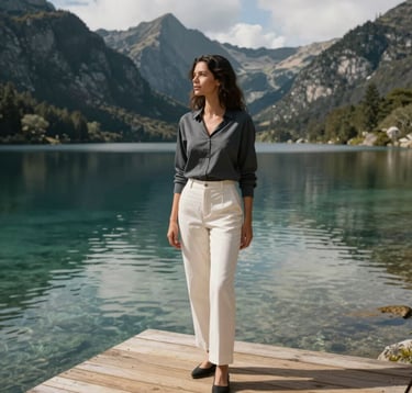 A South American / Brazilian woman enjoying a moment of peace on a wooden deck by a crystal-clear mountain lake. She wears elegant travel attire in shades of charcoal and off-white. The lighting is clean and natural, reflecting a mood of quiet sophistication and enrichment.