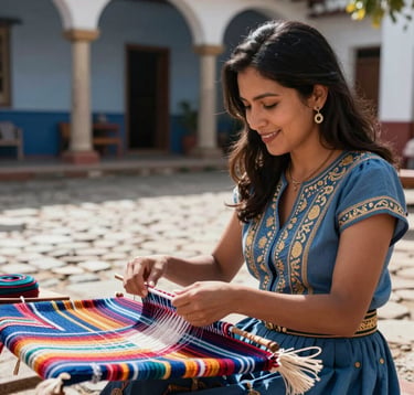 A South American woman dressed in elegant travel attire, smiling as she observes a local artisan weaving a colorful textile in a sunlit cobblestone courtyard, photography with soft slate blue and gold accents.