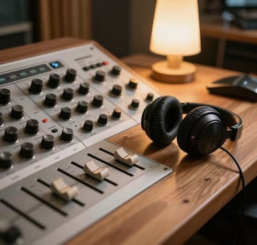 An intimate view of an analog recording studio desk with vintage dials, sliders, and a glowing warm lamp. A pair of professional headphones rests on a wooden table, reflecting a refined North American aesthetic.