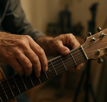Close up of an artisan's weathered hands tuning an old wooden acoustic guitar. The background shows soft-focus studio equipment and warm white walls. North American Coastal aesthetic, artistic lighting.