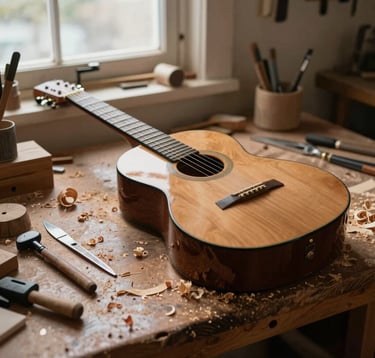 A detailed, atmospheric shot of an old wooden workbench in a coastal workshop. Wood shavings and luthier tools surround a partially finished guitar. Soft, warm sand-colored light filters through a window, reflecting a spirit of seasoned craftsmanship.