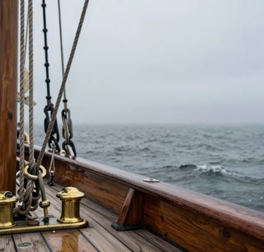An action shot from the deck of a classic wooden sailing vessel. Polished brass fittings and weathered ropes are in sharp focus in the foreground, with the vast, misty North American / Coastal Atlantic horizon stretching out behind under a soft gray sky.