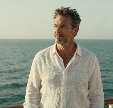 Portrait of a seasoned man with a thoughtful expression, wearing a simple linen shirt, standing on the deck of a boat with the North American coastal horizon behind him. Soft, muted sea green and warm white tones.