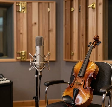 A vintage-inspired interior of a recording studio with warm wood panels and aged brass hardware. An old ribbon microphone stands near a violin resting on a chair. The scene is bathed in soft morning light, evoking a sense of North American craftsmanship and history.