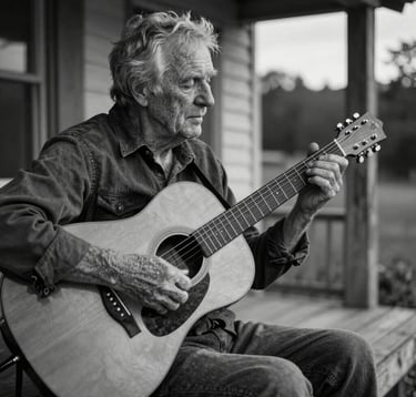 A soulful black and white style photograph of an older musician's weathered hands tuning a vintage acoustic guitar. The setting is a rustic North American porch with natural wood grain and soft evening shadows.