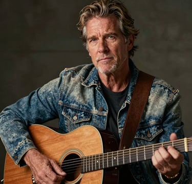 A refined portrait of a seasoned man with a thoughtful expression, holding a vintage acoustic guitar. The lighting is warm and directional, highlighting the texture of a worn denim jacket and the grain of the wood. North American / Coastal style.