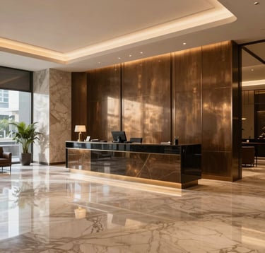 The sophisticated lobby of a 5-star business hotel in a major South Asian / Indian city. Polished marble floors reflecting elegant warm lighting, sleek minimalist front desk, corporate bronze panels, professional atmosphere, luxury global hospitality.