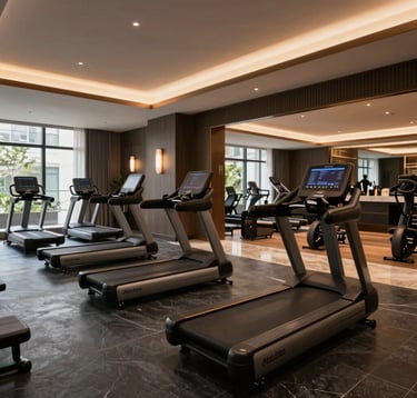 An upscale wellness lounge and executive fitness center inside a luxury South Asian / Indian corporate hotel, featuring state-of-the-art equipment, premium dark slate interiors, and soft, warm ambient lighting.