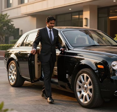 A sleek premium black chauffeur-driven luxury car parked outside a prestigious five-star corporate hotel in New Delhi, India. Professional driver in formal wear holding the door open, South Asian / Indian business corporate executive stepping out. Warm golden hour light reflecting, clean, highly efficient luxury logistics.