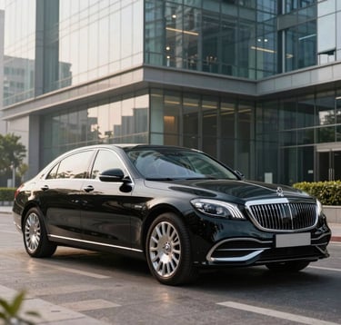 A pristine premium black executive sedan parked in front of a modern glass-facade corporate office building in a major South Asian / Indian city. Soft morning light reflecting on the vehicle, clean composition, emphasizing high-end corporate transport, reliability, and security.