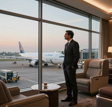 Elegant business class lounge at an international airport. A South Asian / Indian executive passenger stands looking out of the floor-to-ceiling glass window at the airplanes on the tarmac. Sophisticated travel environment, warm bronze interior design tones, commercial aviation, twilight lighting.