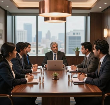 A high-end, professionally styled business meeting room in a luxury hotel. Group of South Asian / Indian corporate professionals engaged in a meeting, elegant polished wood table, warm corporate bronze accent lighting, glass walls showing a soft-focus urban skyline, demonstrating premium corporate efficiency.