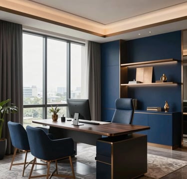 A high-end serviced corporate apartment interior in Bangalore, featuring modern minimalist furniture, a sleek workstation, a large window letting in soft daylight, and elegant deep blue and corporate bronze decorative accents.