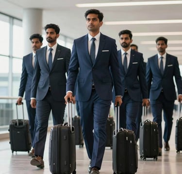 A professional South Asian / Indian sports team in matching corporate blazers walking in unison through a bright, modern airport terminal, carrying pull-along suitcases. Soft natural light, sharp focus, capturing an atmosphere of focused energy, meticulous planning, and premium corporate travel.