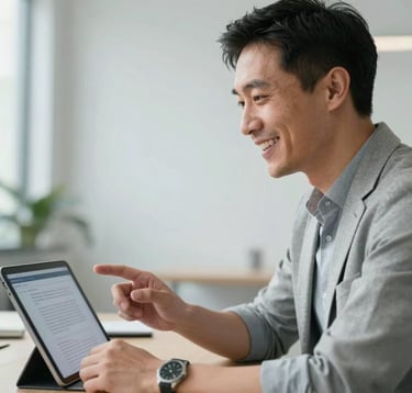 A close-up of a professional career coach in a bright office environment, smiling warmly while gesturing toward a digital presentation on a tablet. Sophisticated, minimalist setting. North American / Global Professional.