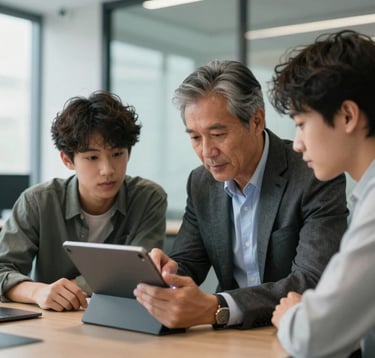 A professional photography shot of a mentorship session. A seasoned professional and a younger student are reviewing a digital tablet together in a bright, glass-walled office room. The atmosphere is encouraging. North American / Global Professional.