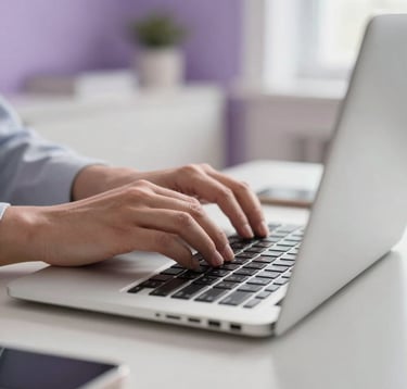 A close-up photograph of a professional using a sleek, modern laptop in a well-lit home office. The lighting is bright and clean with soft purple accents. A North American / Global Professional setting focused on productivity.