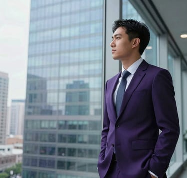 A confident professional in business attire stands in front of a glass wall in a modern skyscraper, looking out at a city skyline. The composition is sleek and results-oriented, using light blue and deep purple tones. North American / Global Professional.