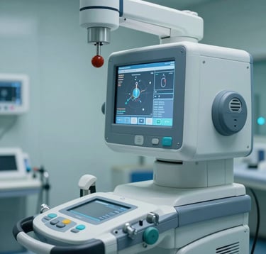 Close-up photography of a state-of-the-art medical diagnostic room in a Romanian hospital. High-tech equipment with clean blue-grey surfaces and digital interfaces. The lighting is sterile yet professional, reflecting safety and advanced care.