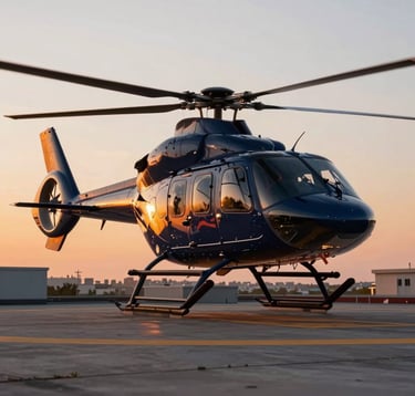 A dynamic photography shot of a medical helicopter landing on a rooftop heliport during sunset. Deep navy and orange light reflects off the metal. The composition is powerful and conveys urgency and high-tech care.