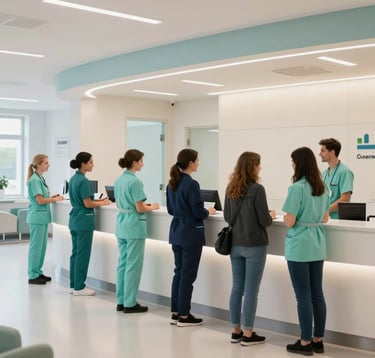 A professional photograph of a bright, modern hospital reception area in Bucharest. Medical staff in professional mint green and dark blue uniforms are interacting with citizens in a friendly manner. The interior is spacious with clean lines and off-white and light blue decor.