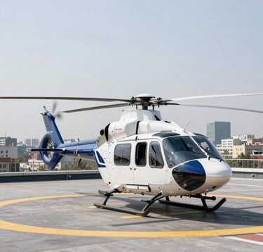 A professional shot of a modern medical rescue helicopter on a rooftop landing pad, with the Bucharest skyline in the background. Bright daylight, emphasizing swift emergency response and advanced technology.
