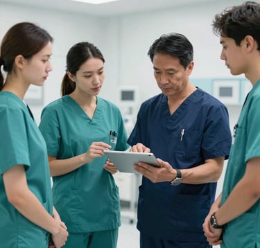 A professional photograph of a medical team in teal and navy blue scrubs discussing a project over a digital tablet in a clean, brightly lit Central European medical facility. Focus is on collaboration and trust.