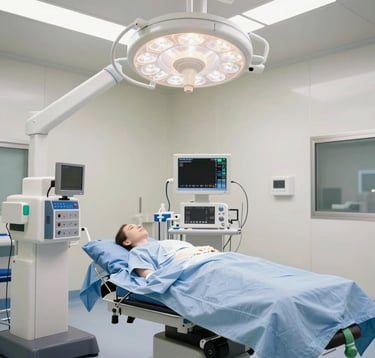 A bright, sterile, and high-tech multidisciplinary operating room with advanced surgical equipment. Soft lighting in off-white and soft blue, conveying a professional and hopeful medical environment.