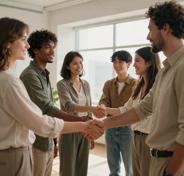 Photography of a group of diverse community members in Central European attire shaking hands in a bright, modern office space. The lighting is warm and inspiring, reflecting partnership and community responsibility.