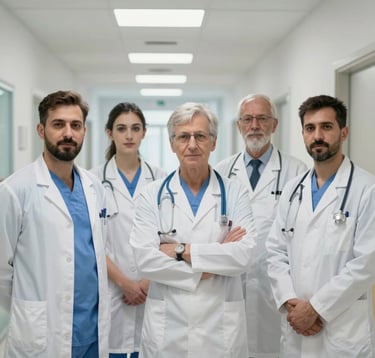 A portrait of a group of Romanian medical doctors in white and blue uniforms standing together in a modern, light-filled hospital corridor. They convey a sense of unity, trust, and professional responsibility.