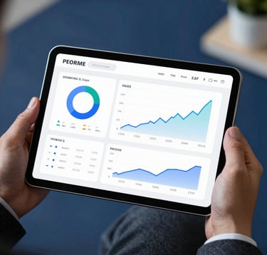 A high-end digital dashboard on a tablet showing positive financial indicators and growth metrics. The tablet is held by a person in professional attire, set against a blurred navy blue background.