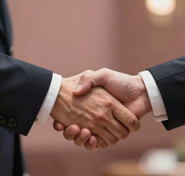 Close-up of a professional handshake in an elegant environment. The lighting is soft and warm, incorporating the old rose and terracotta palette in the background bokeh. Suggests trust and partnership.