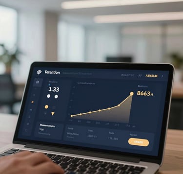 A close-up of a digital dashboard showing retention metrics and churn rates decreasing. The UI is elegant and professional, utilizing the brand colors #1A2C3E and #A86D4E. Soft bokeh background of a modern office.