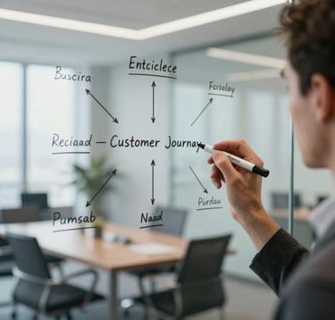 A focused consultant drawing a customer journey map on a clear glass board, using high-end markers, with a soft blur of a sophisticated office in the background.