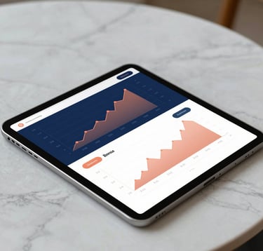 An elegant tablet resting on a marble table displaying growth charts and customer satisfaction metrics. The colors are sophisticated, with navy blue and terracotta accents in the interface.