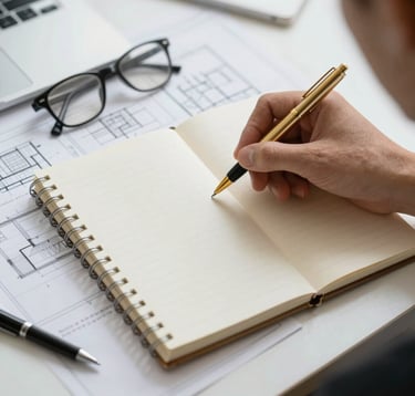 A top-down view of a strategic planning session. A high-quality notebook, a gold pen, and architectural blueprints for a customer journey. The scene incorporates #A86D4E and #F5F5F5 tones. Clean, bright, and sophisticated.