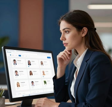 A professional woman in business attire looking thoughtfully at a digital screen showing customer journey maps. Soft lighting, elegant office background with navy blue and terracotta decor.