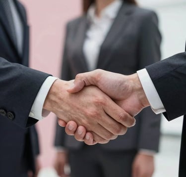 Close-up of a professional handshake or a collaborative moment between two people in business attire. Soft lighting, sophisticated atmosphere, incorporating hints of pinkish rose (#D9BDB7) in the background materials.