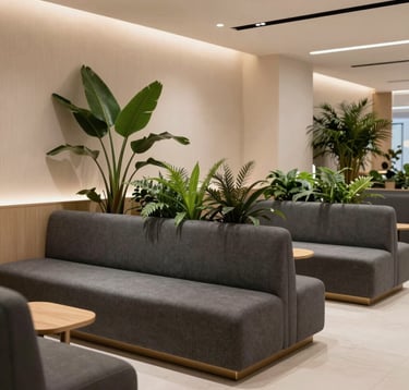 A sophisticated commercial lounge area with charcoal grey modular seating, light beige walls, and architectural plants. The lighting is soft and warm, highlighting the high-end textures. International / High-end commercial interior.