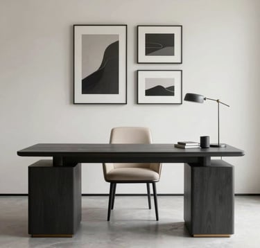 A clean, minimalist home office space for a high-end property. A sleek charcoal desk is paired with a soft beige leather chair and a simple off-white wall decorated with curated fine art. High-end lifestyle imagery.